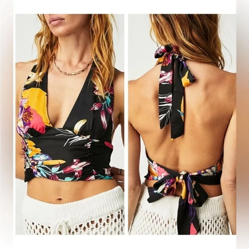 Free People NWT Seraphina Crop Top Halter in Black Combo Size Small